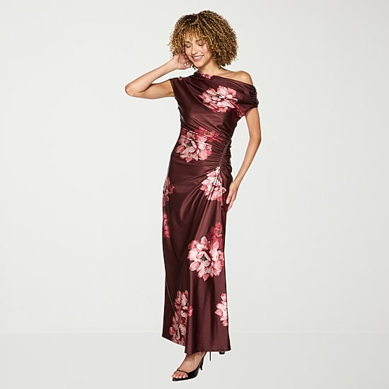 Premier Amour Womens Asymmetrical Neck Sleeveless One Shoulder Floral Evening Gown