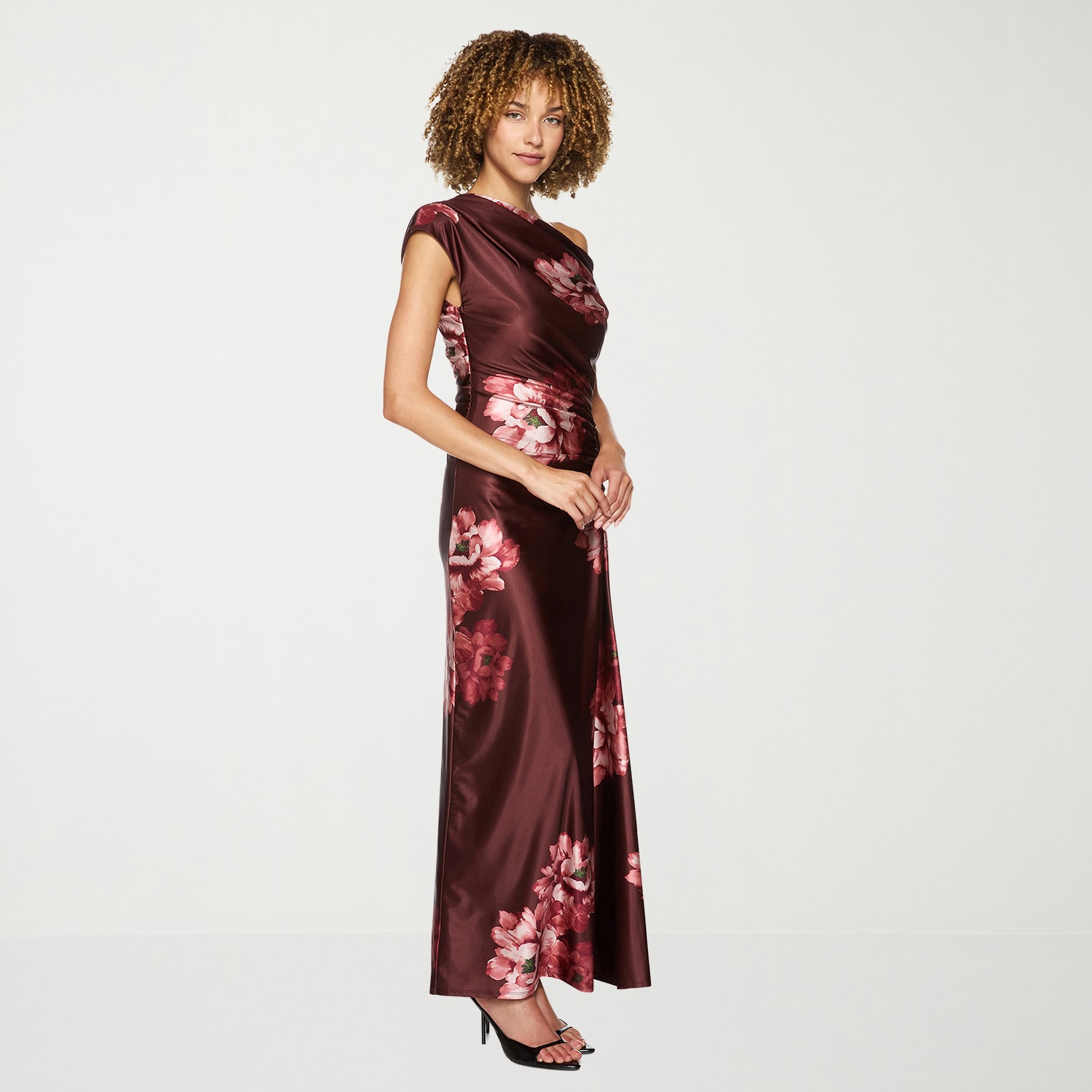 Premier Amour Womens Asymmetrical Neck Sleeveless One Shoulder Floral Evening Gown