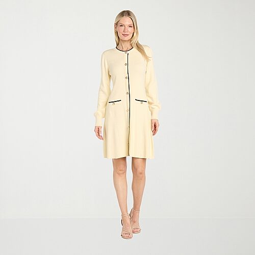 Sophia Cristina Womens Round Neck Long Sleeve Sheath Dress, Small, White