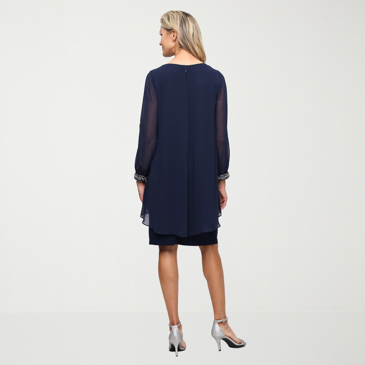 S. L. Fashions Womens Round Neck Long Sleeve Embellished Shift Dress