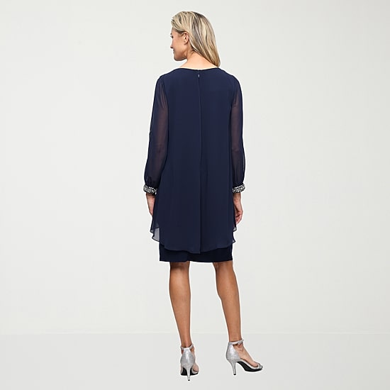 S. L. Fashions Womens Round Neck Long Sleeve Embellished Shift Dress