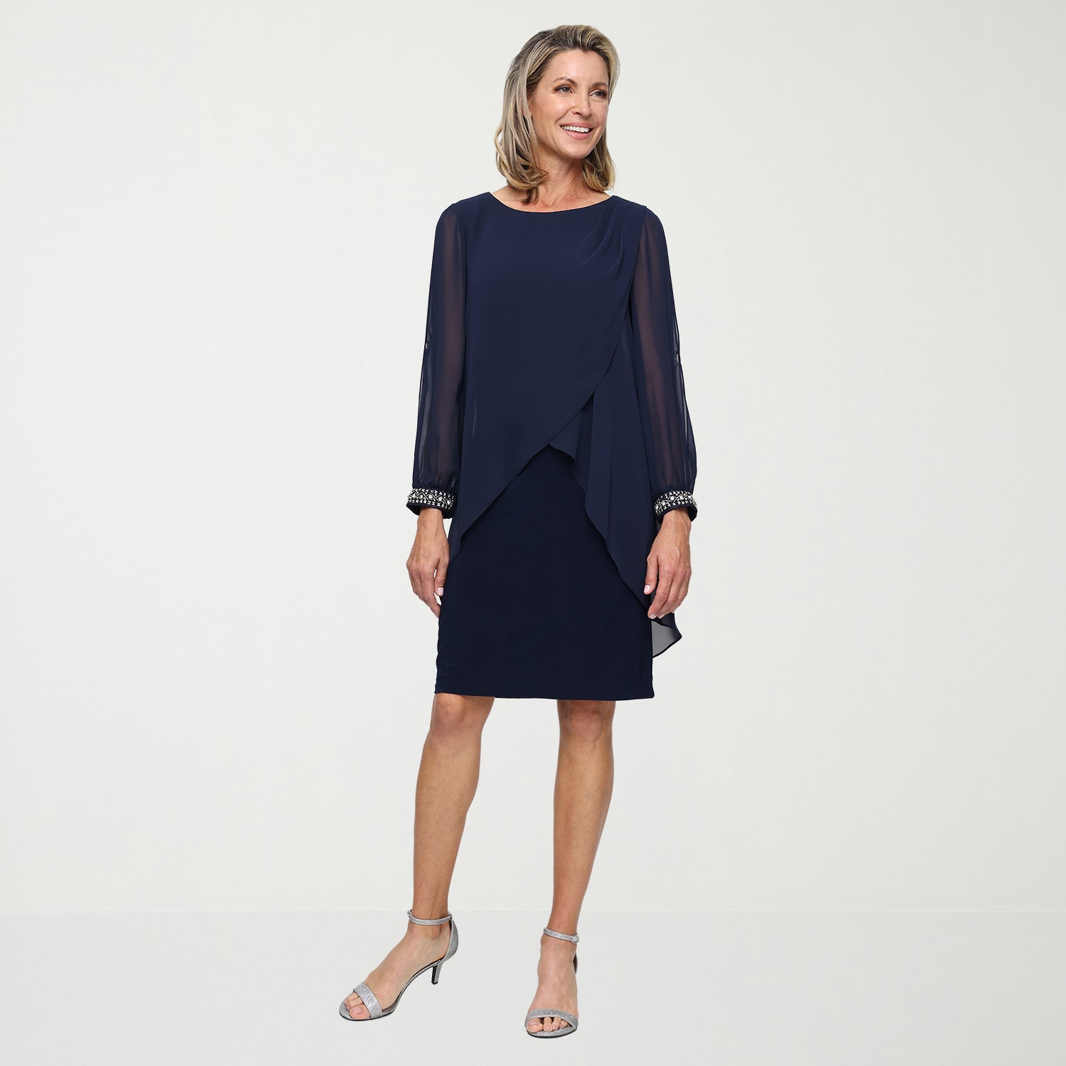 S. L. Fashions Womens Round Neck Long Sleeve Embellished Shift Dress