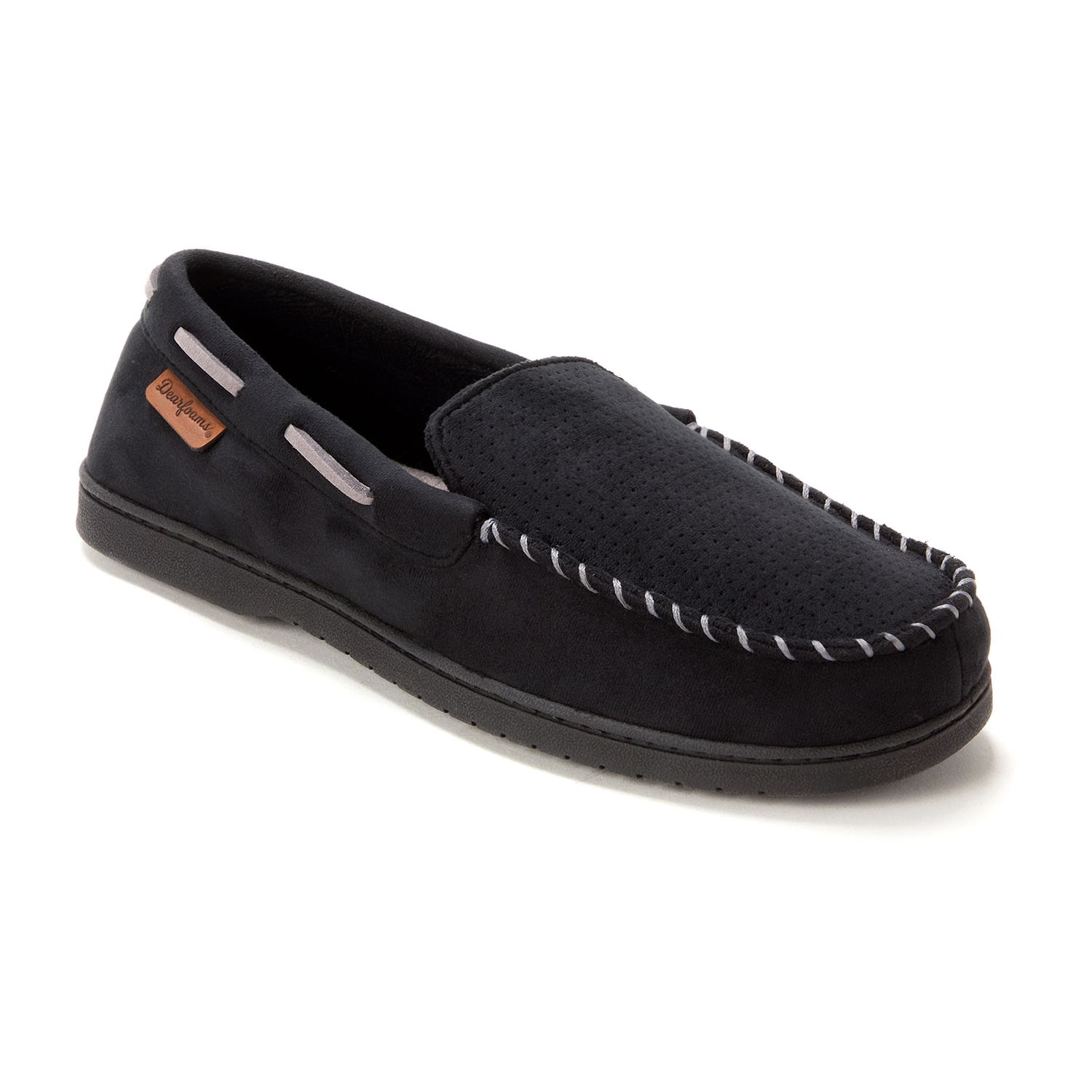 Dearfoams Keaton Perforated Microfiber Suede Moc W Whipstitch Mens Moccasin Slippers