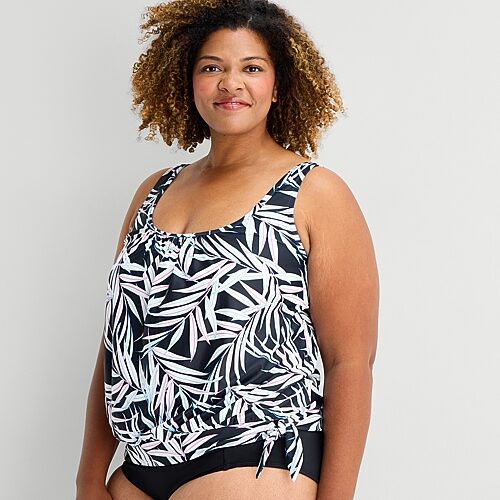 Sonnet Shores Womens Tropical Leaf Plus Tankini Swimsuit Top In Black