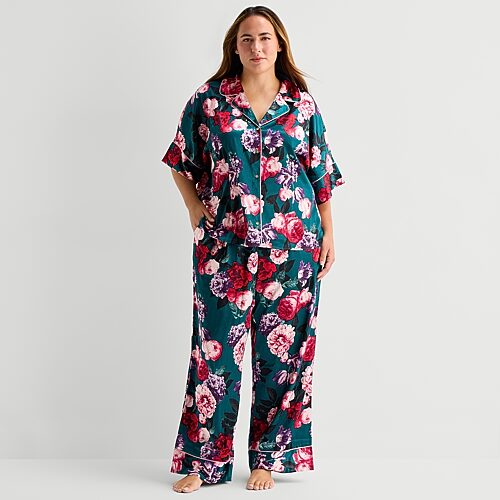 Ambrielle Womens Satin Short Sleeve 2-pc. Plus Pajama Set In Green