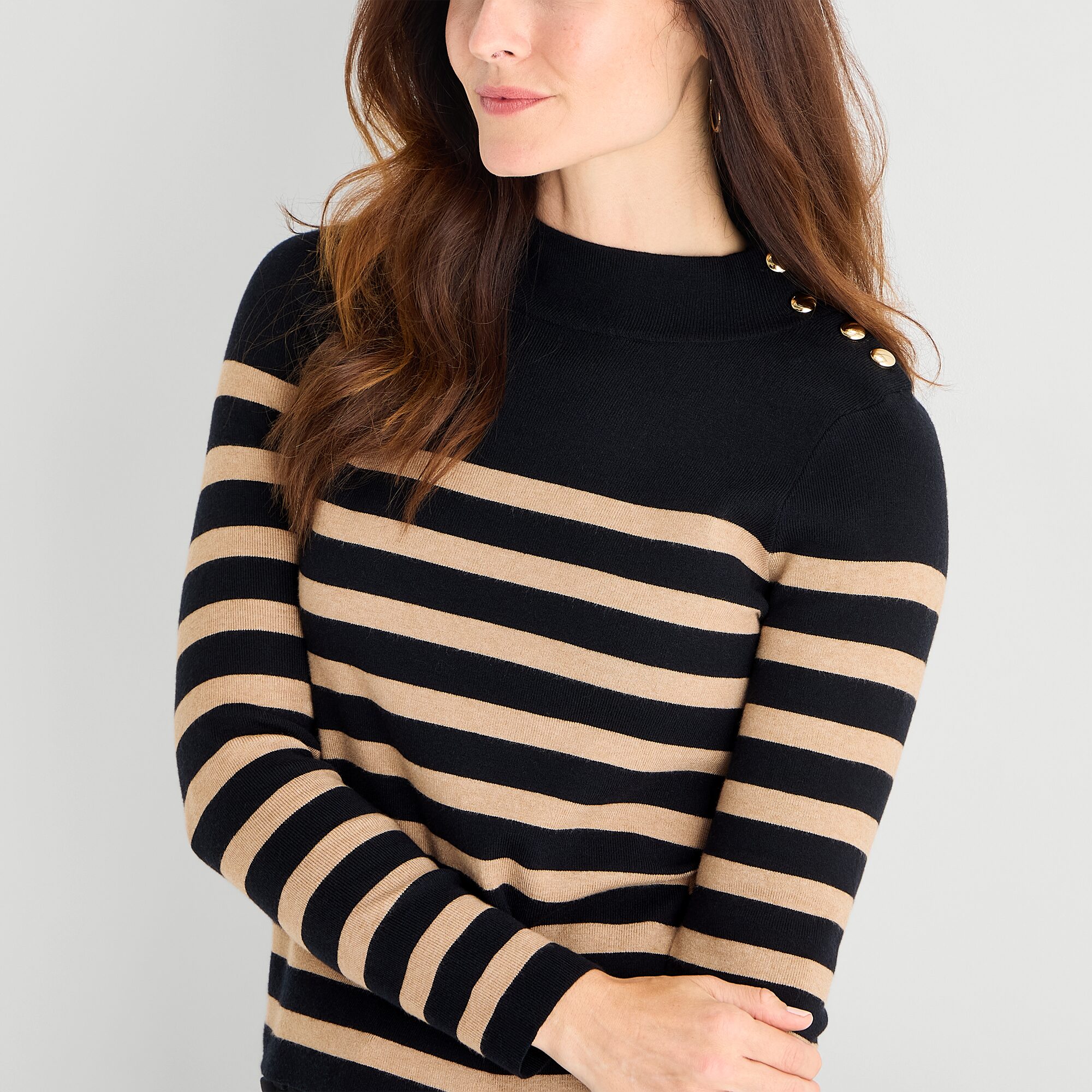 Liz Claiborne Womens Mock Neck Embellished Long Sleeve Striped Pullover Sweater