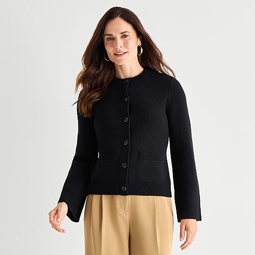 Liz Claiborne Womens Crew Neck Long Sleeve Button Cardigan In Black