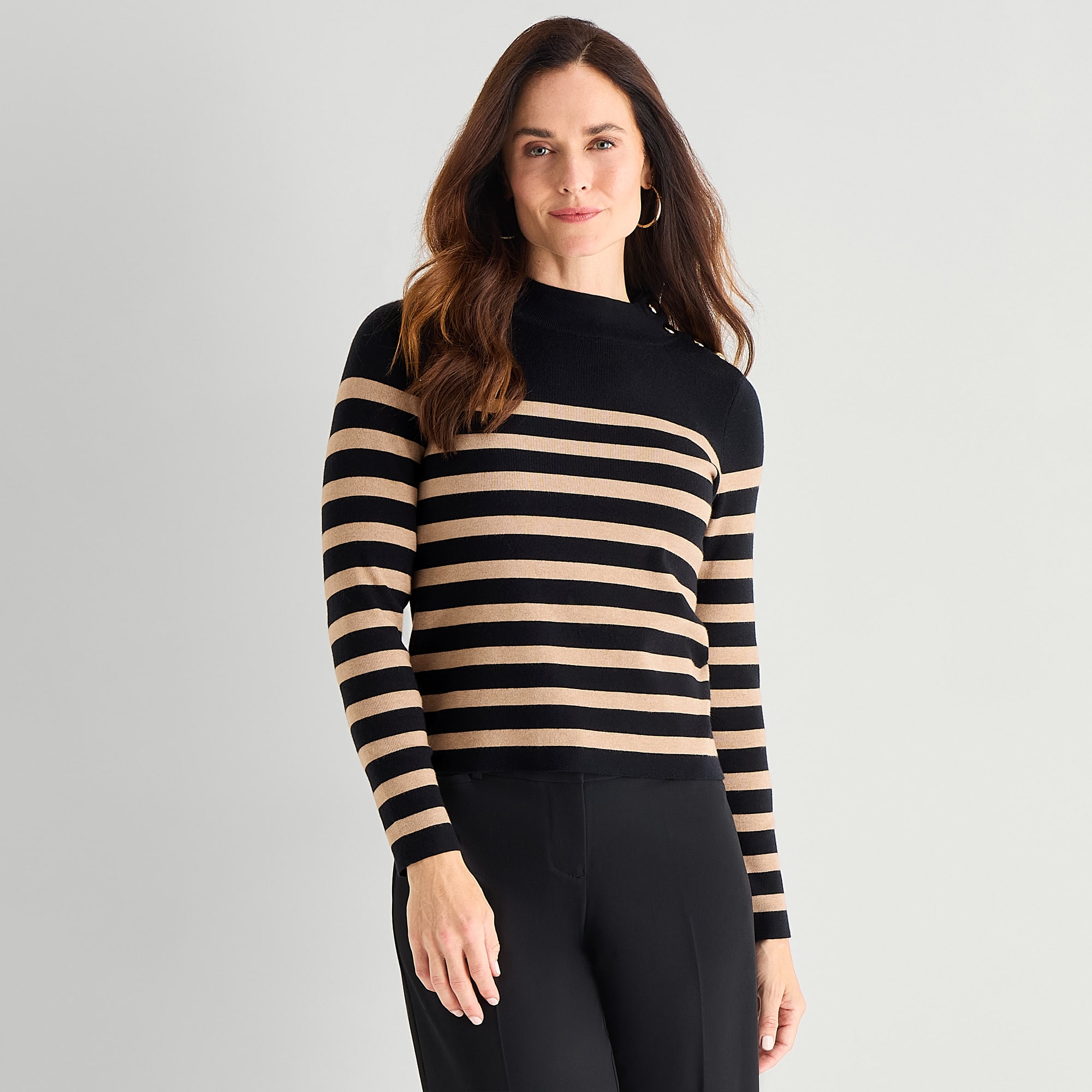 Liz Claiborne Womens Mock Neck Embellished Long Sleeve Striped Pullover Sweater