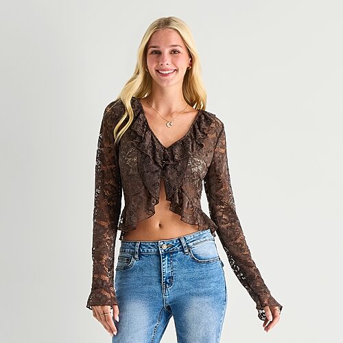 Forever 21 Womens Juniors V Neck Long Sleeve Lace T-shirt In Brown