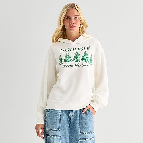 Mad Engine North Pole Hoodie Womens Juniors Long Sleeve Embroidered Fleece Hoodie In White