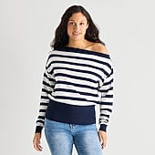 Forever 21 Juniors Womens Asymmetrical Neck Long Sleeve Striped Pullover Sweater