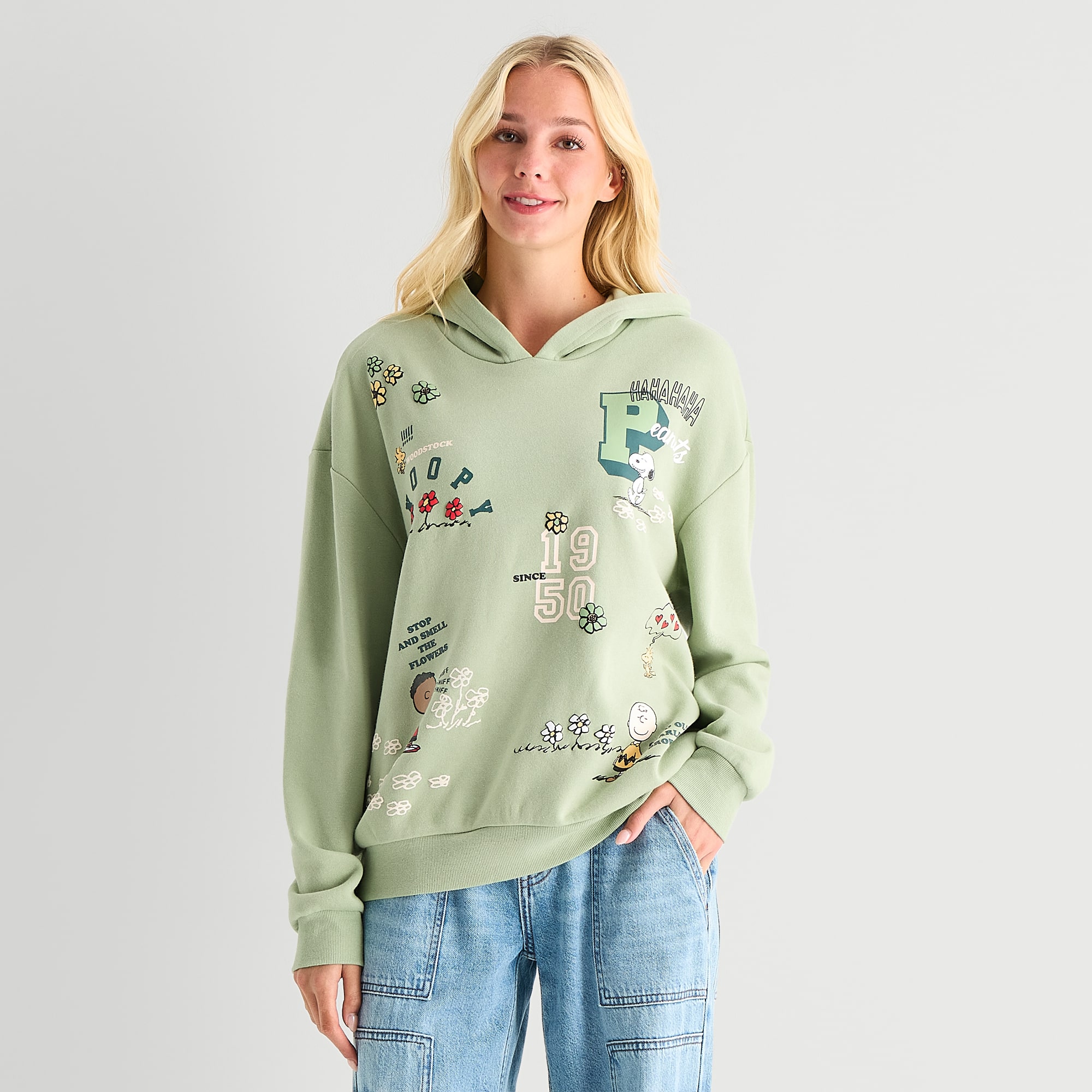 Womens Juniors Long Sleeve Peanuts Fleece Hoodie