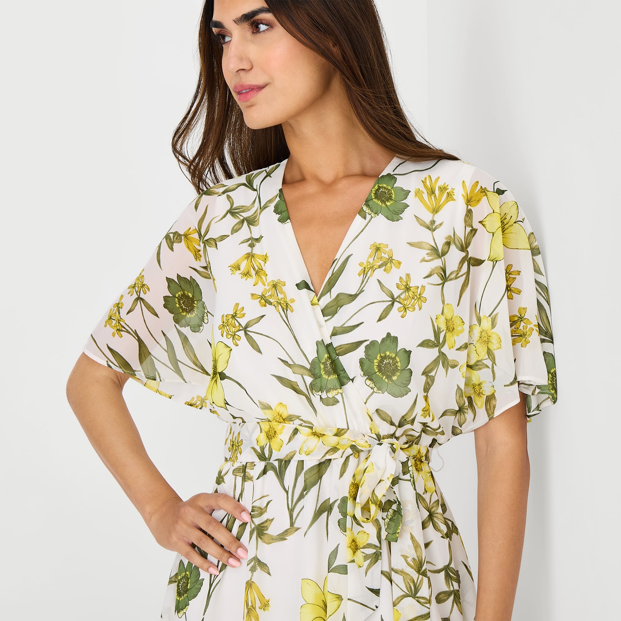 Sandra Darren Womens Midi V Neck Short Sleeve Floral Fit + Flare Dress