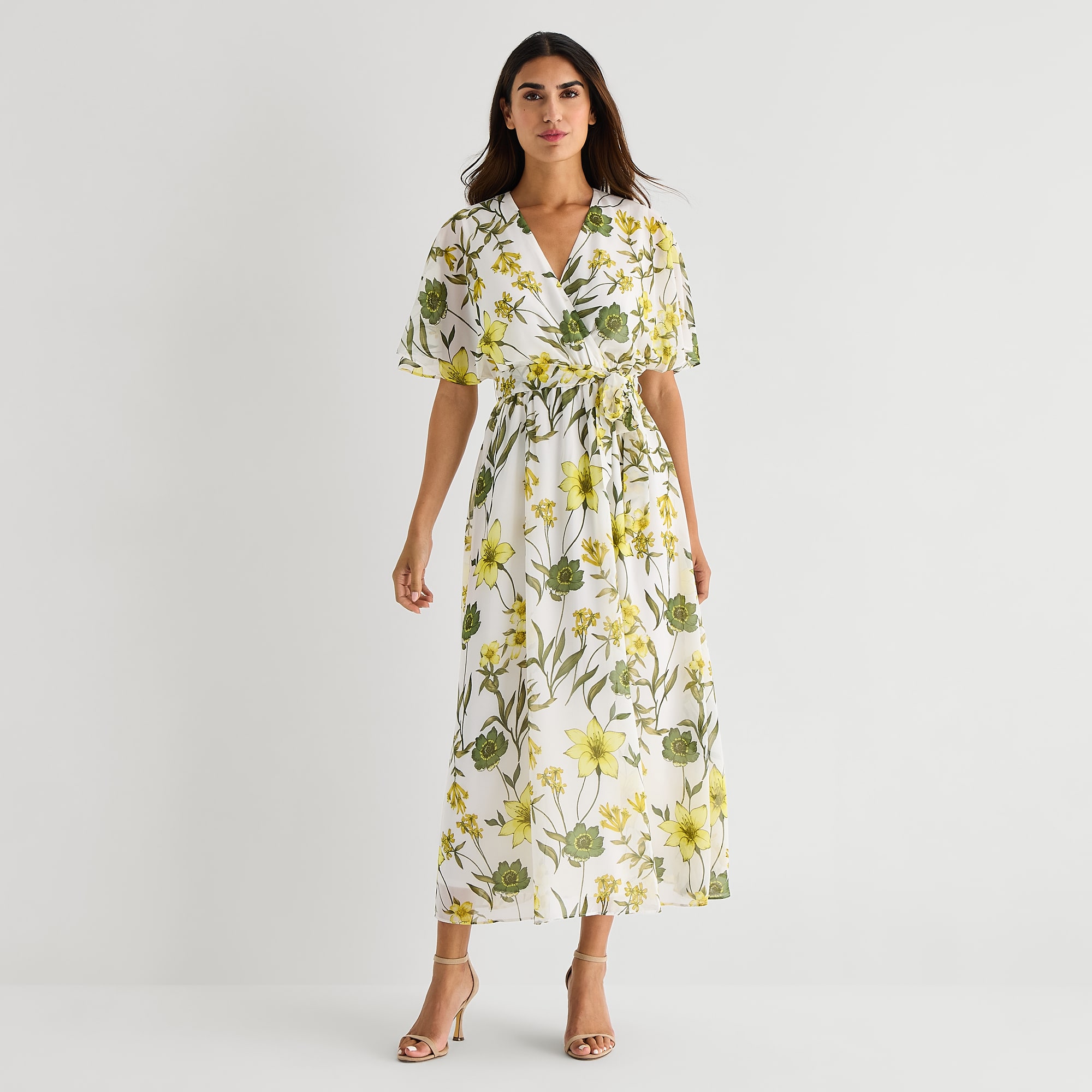 Sandra Darren Womens Midi V Neck Short Sleeve Floral Fit + Flare Dress