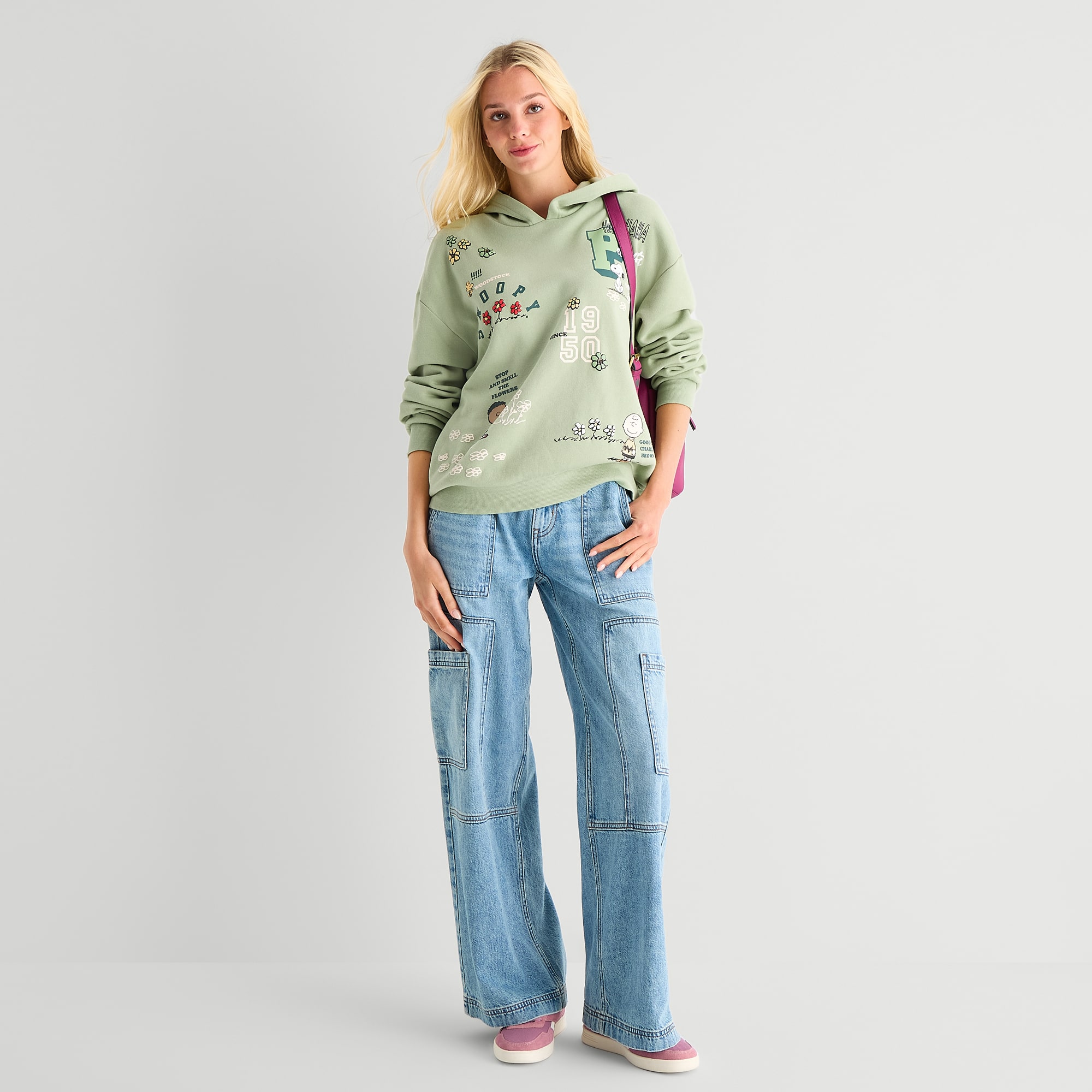 Womens Juniors Long Sleeve Peanuts Fleece Hoodie