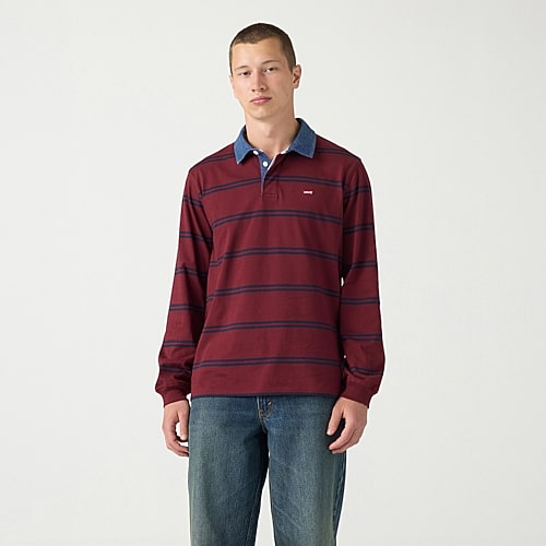 Levi 's Mens Asymmetrical Neck Long Sleeve Regular Fit Point Collar Striped Rugby Shirt In Red