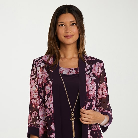 R & M Richards Womens Floral Jacket Dress With Removable Necklace