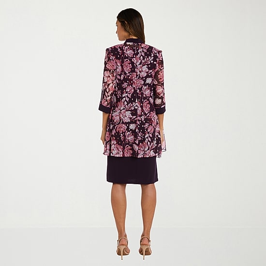 R & M Richards Womens Floral Jacket Dress With Removable Necklace