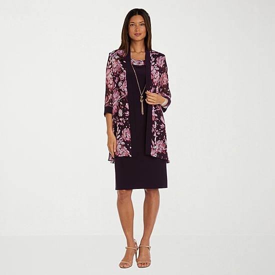 R & M Richards Womens Floral Jacket Dress With Removable Necklace
