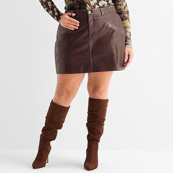 Ashley Graham Women's Plus Distressed Faux Leather Mini Skirt