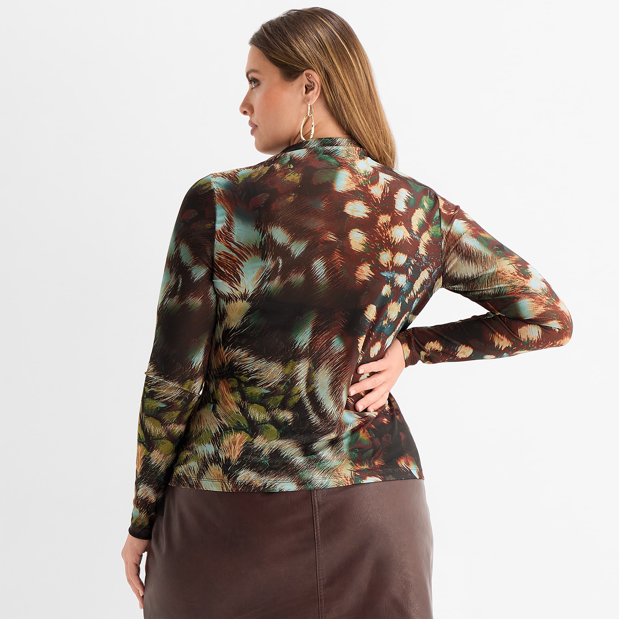 Ashley Graham Women's Plus Long Sleeve Printed Mesh Top