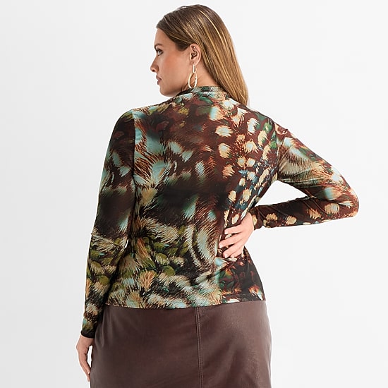 Ashley Graham Women's Plus Long Sleeve Printed Mesh Top
