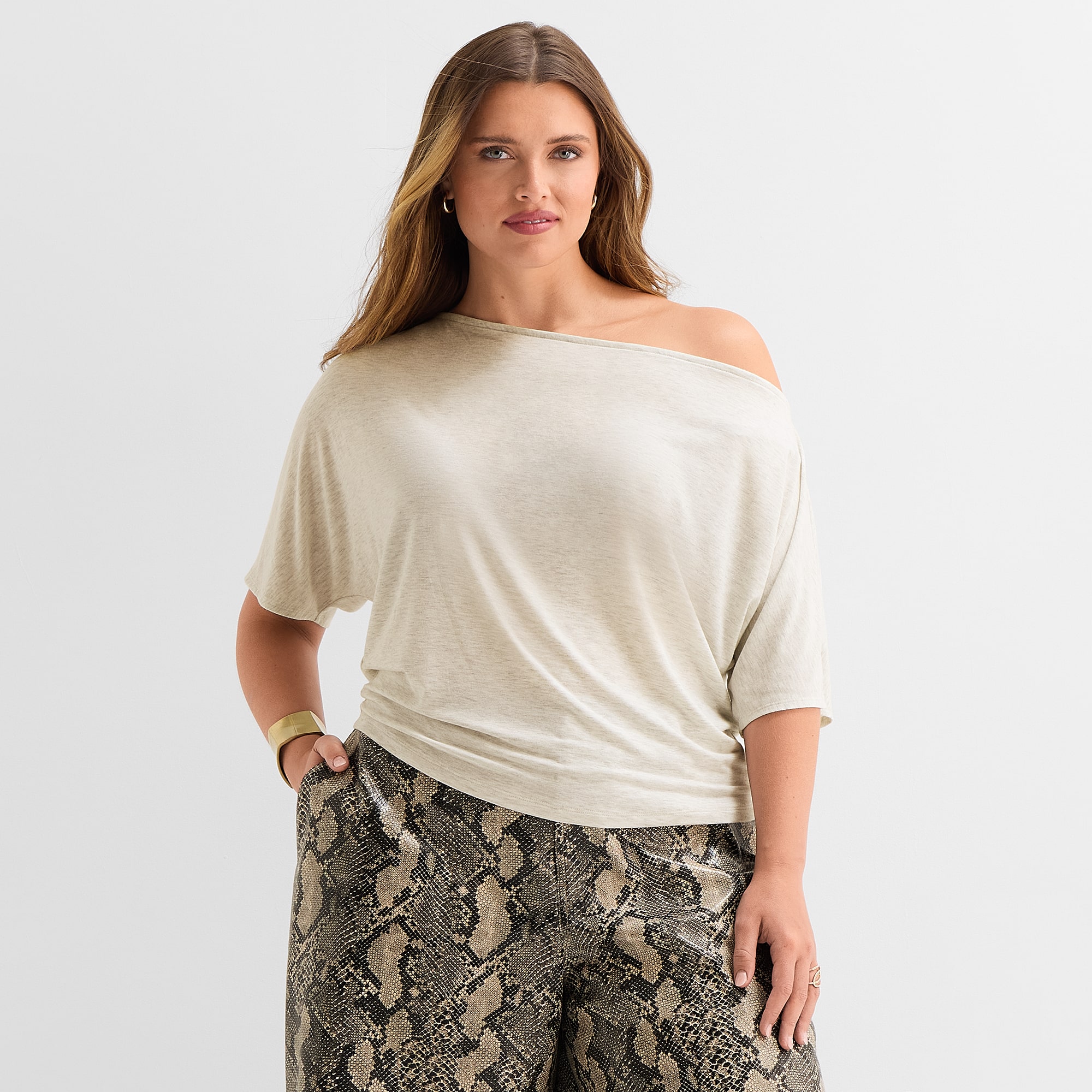 Ashley Graham Womens Plus Asymmetrical Neck Short Sleeve Blouse