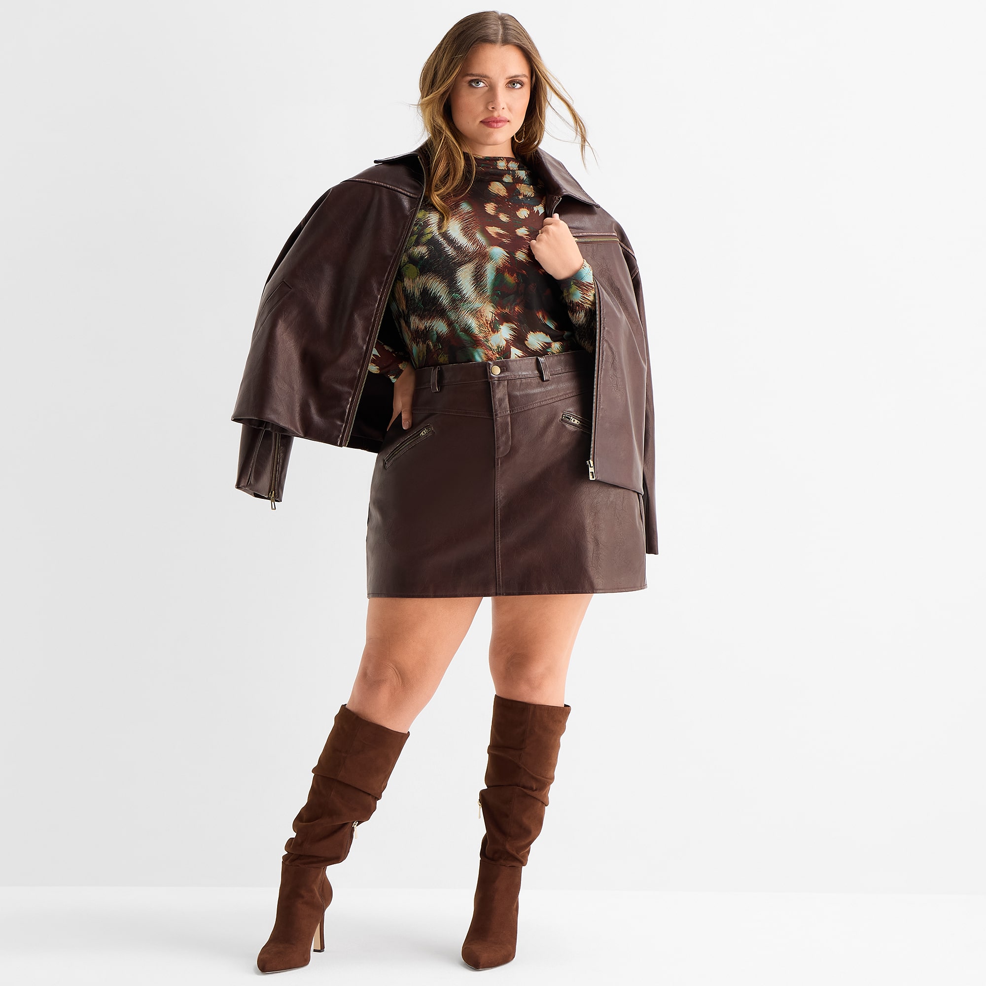 Ashley Graham Women's Plus Distressed Faux Leather Mini Skirt