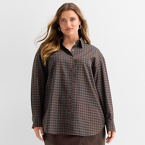 Ashley Graham Women's Plus Long Sleeve Flannel Shirt In Brown