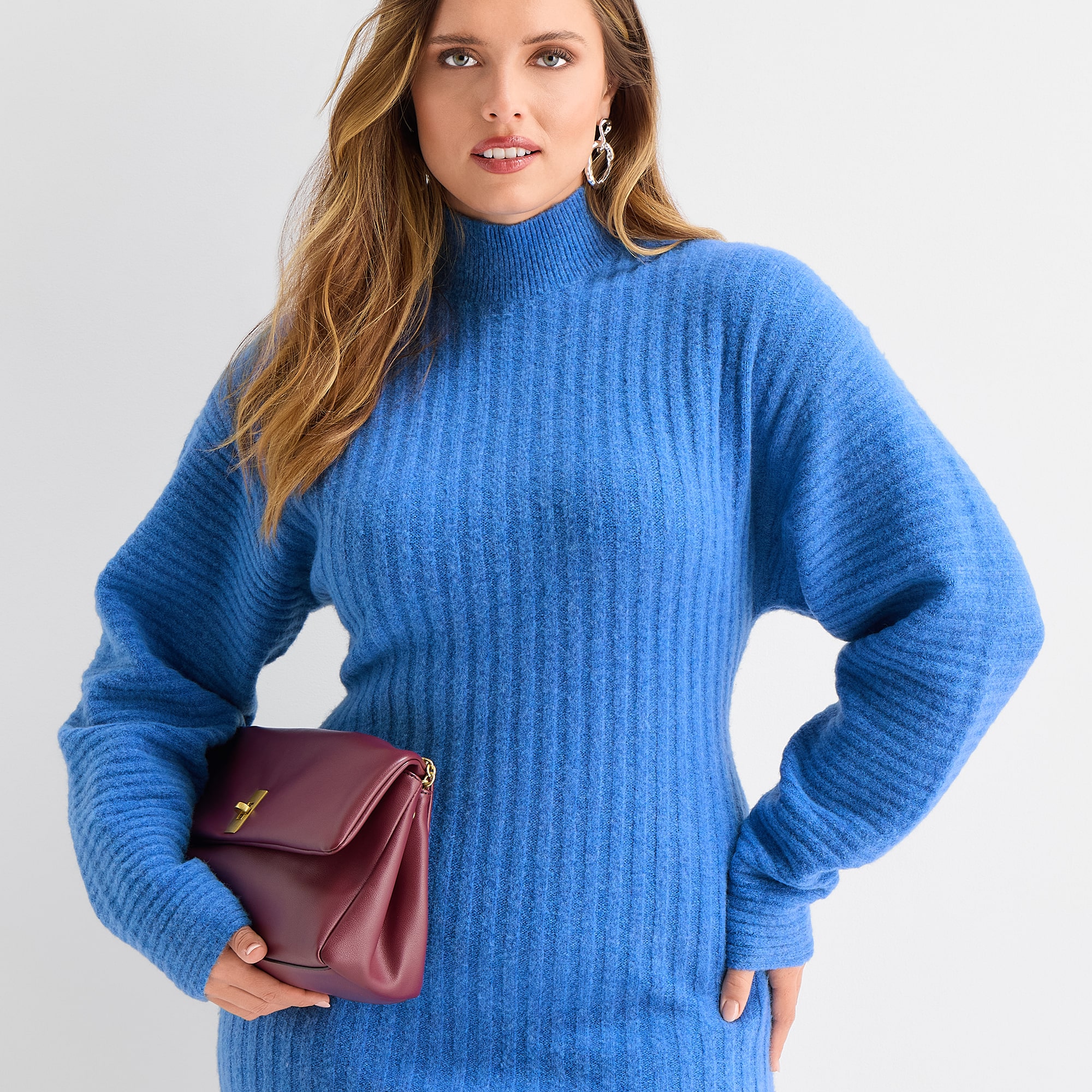 Ashely Graham Women's Plus Long Sleeve Funnel Neck Sweater Dress