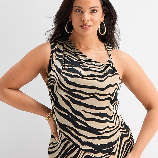 Ashley Graham Womens Plus Asymmetrical Neck Sleeveless Satin Animal Print Dress