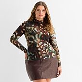 Ashley Graham Women's Plus Long Sleeve Printed Mesh Top