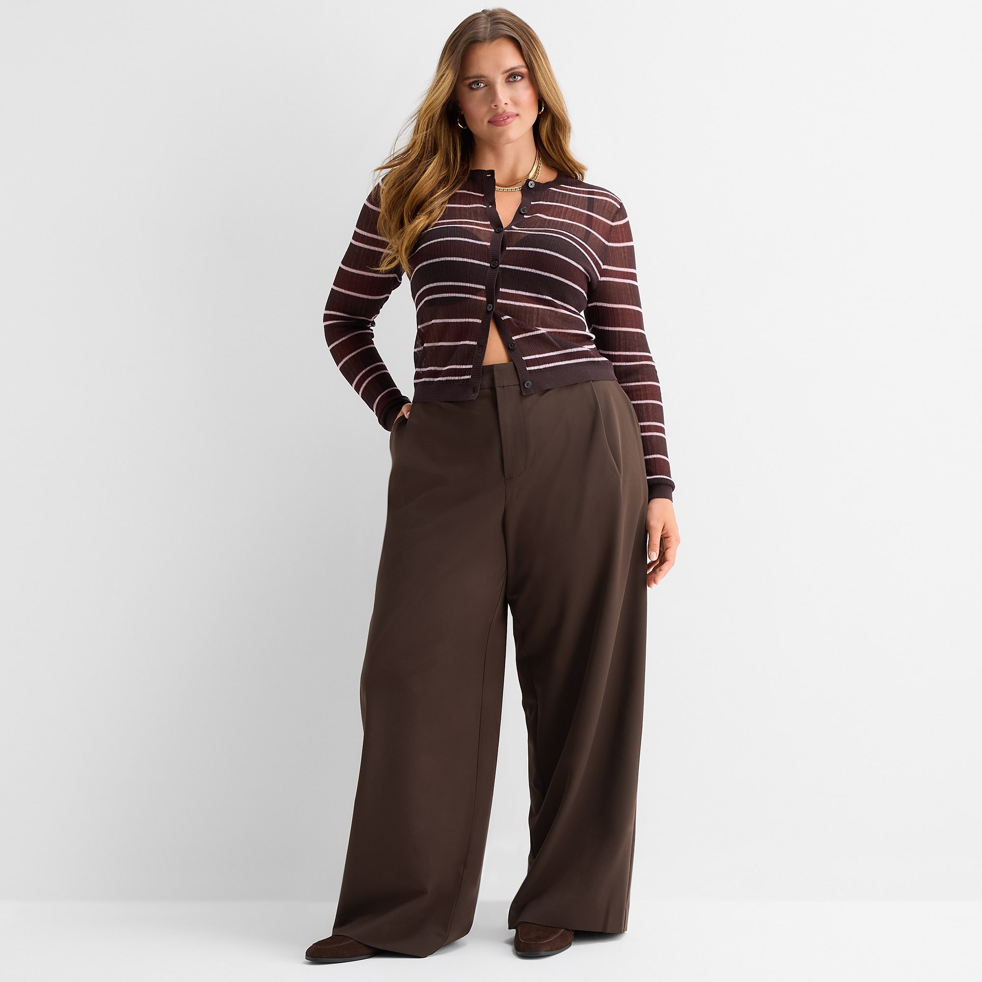 Ashley Graham Women's Plus Sheer Stripe Rib Cardigan