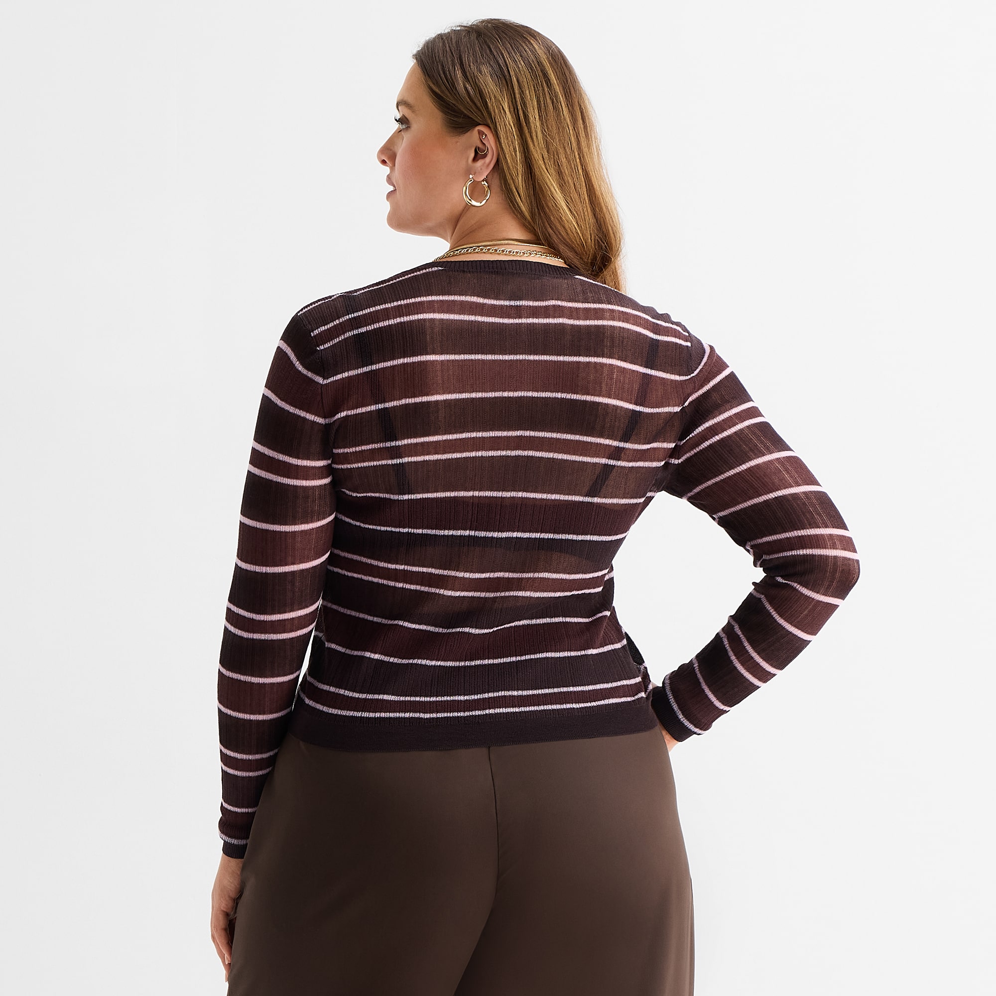 Ashley Graham Women's Plus Sheer Stripe Rib Cardigan