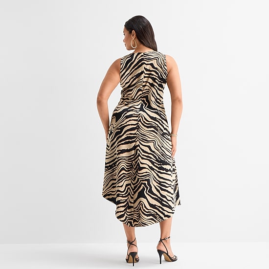 Ashley Graham Womens Plus Asymmetrical Neck Sleeveless Satin Animal Print Dress