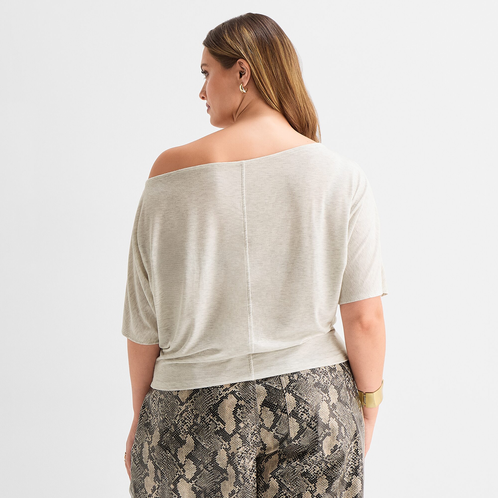 Ashley Graham Womens Plus Asymmetrical Neck Short Sleeve Blouse