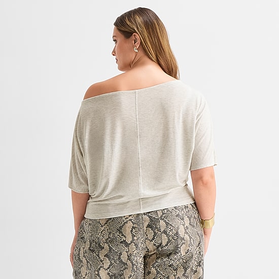 Ashley Graham Womens Plus Asymmetrical Neck Short Sleeve Tee