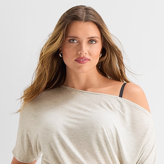 Ashley Graham Womens Plus Asymmetrical Neck Short Sleeve Tee