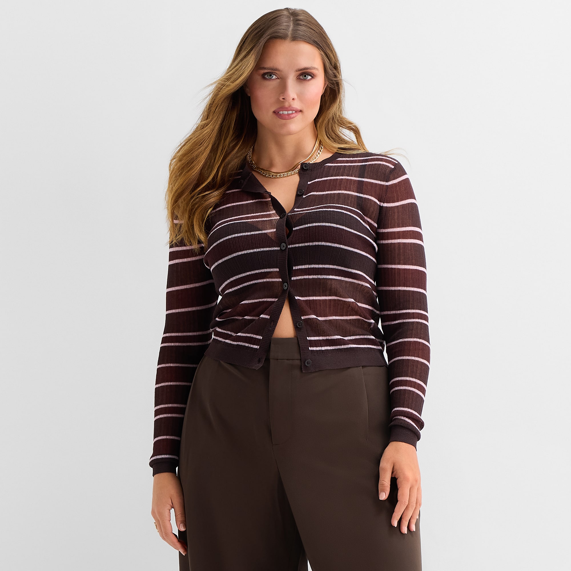 Ashley Graham Women's Plus Sheer Stripe Rib Cardigan