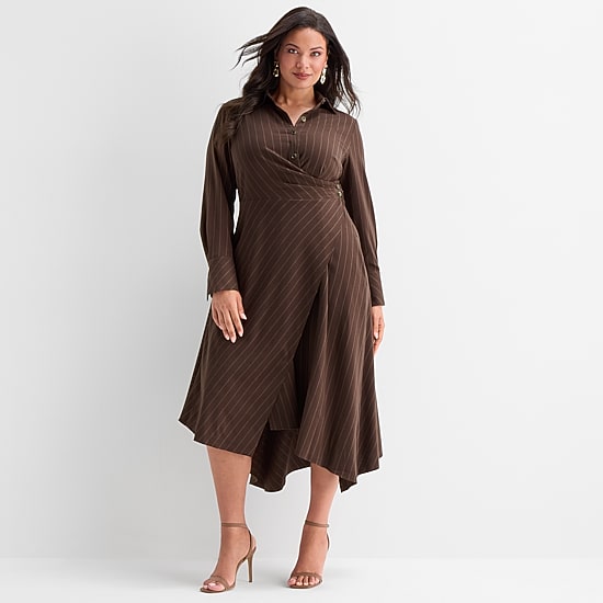 Ashley Graham Womens Plus Long Sleeve Shirt Dress