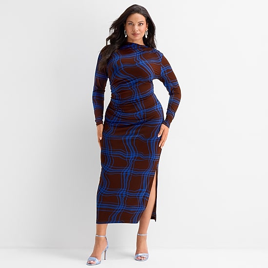 Ashley Graham Women's Plus Goddess Gather Knit Crepe Dress