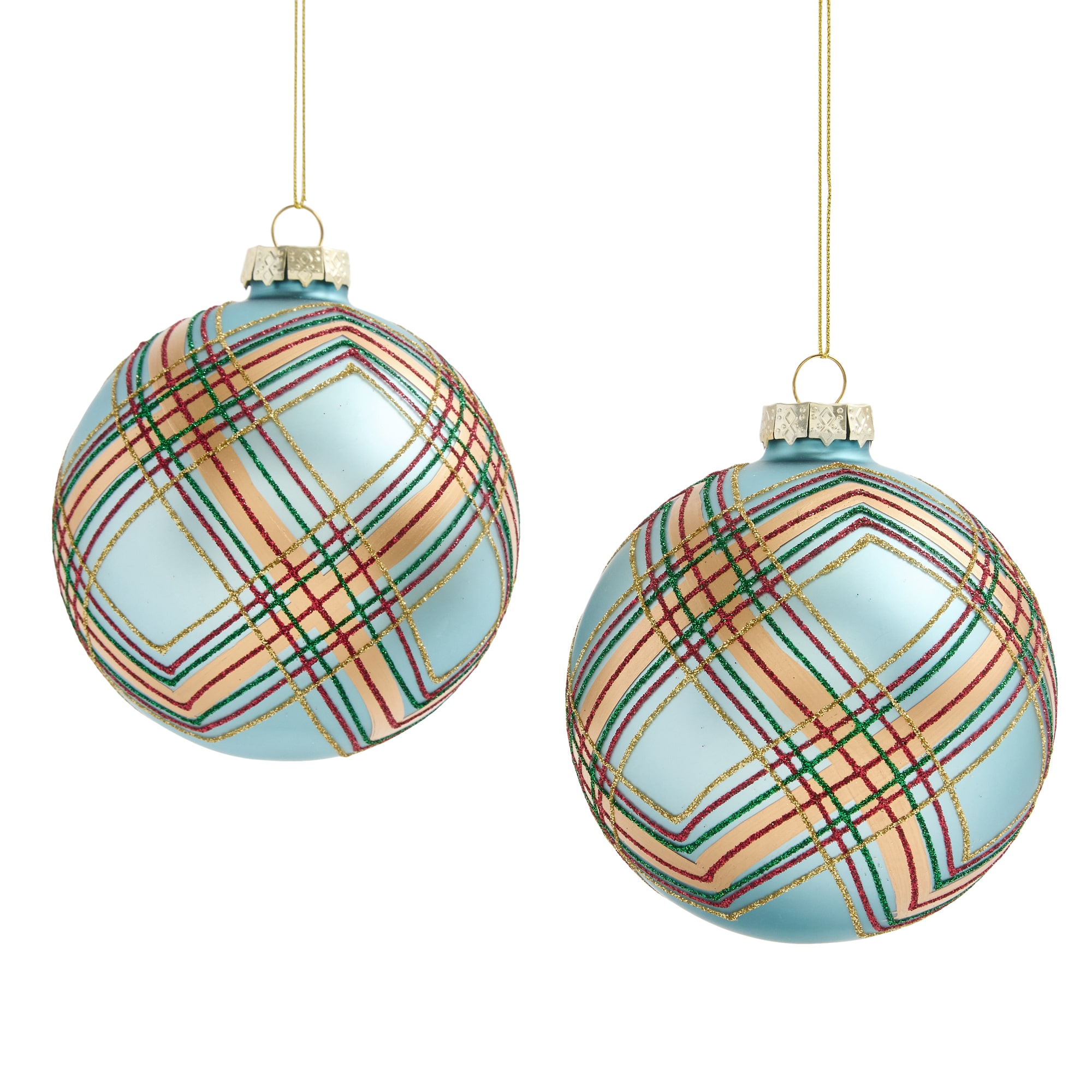 North Pole Trading Co. Blue Plaid Ball 2-pc. Christmas Ornament