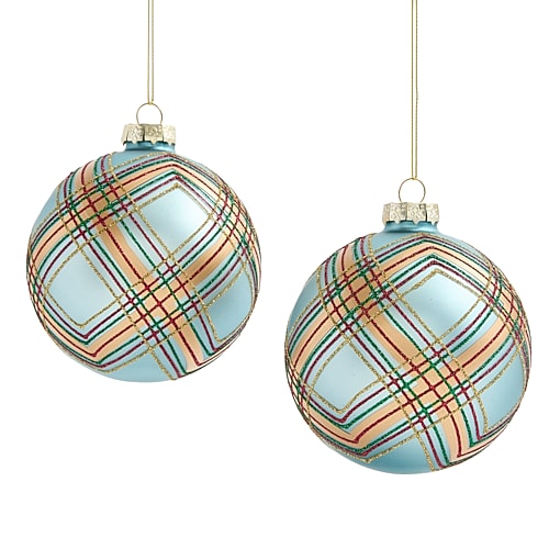 North Pole Trading Co . Blue Plaid Ball 2-pc. Christmas Ornament