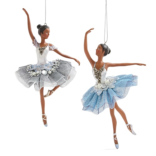 North Pole Trading Co . African American Polyresin Ballerina 2-pc. Christmas Ornament In Blue