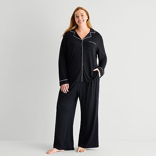 Liz Claiborne Cool And Calm Womens Long Sleeve Pajama Top In Black