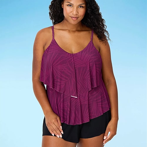 Trimshaper Womens Leaf Plus Tankini Swimsuit Top In Red