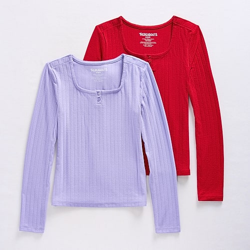 Thereabouts Little & Big Kid Girls Easy-on + Easy-off Square Neck Long Sleeve Adaptive 2 Pack T-shirt In Red