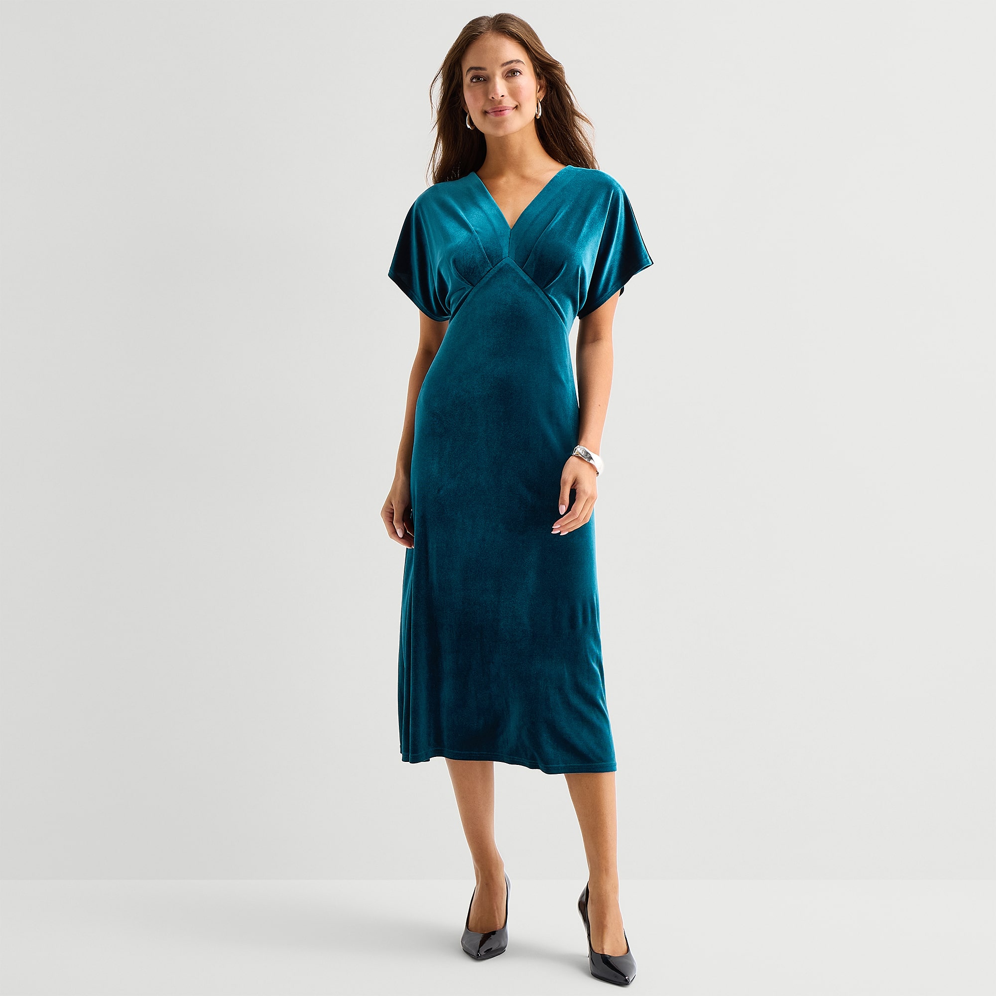 Be by CHETTA B Womens Petite Midi V Neck Short Sleeve Drop Shoulder Velvet Fit + Flare Dress
