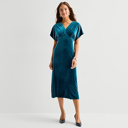 Be By Chetta B Womens Petite Midi V Neck Short Sleeve Drop Shoulder Velvet Fit + Flare Dress In Blue