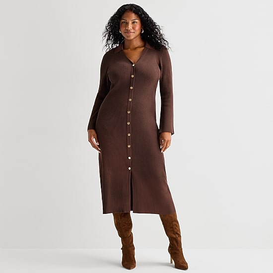 Maia Womens Plus Long Sleeve Midi Sweater Dress